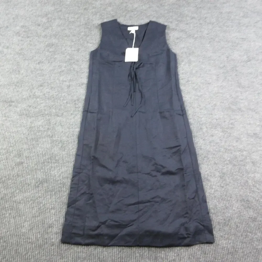 COS Dress Womens 6 Blue V-Neck Long Shift Tie String Lined Pullover Linen NWT